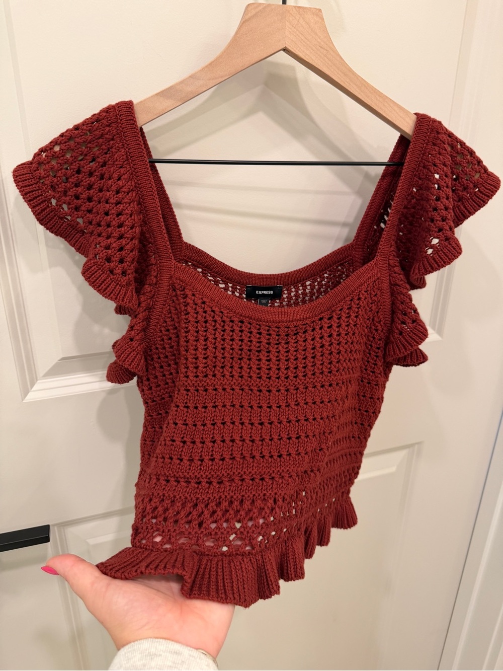 Express Crochet Ruffle Crop Top in Rust - Picture 5 of 7